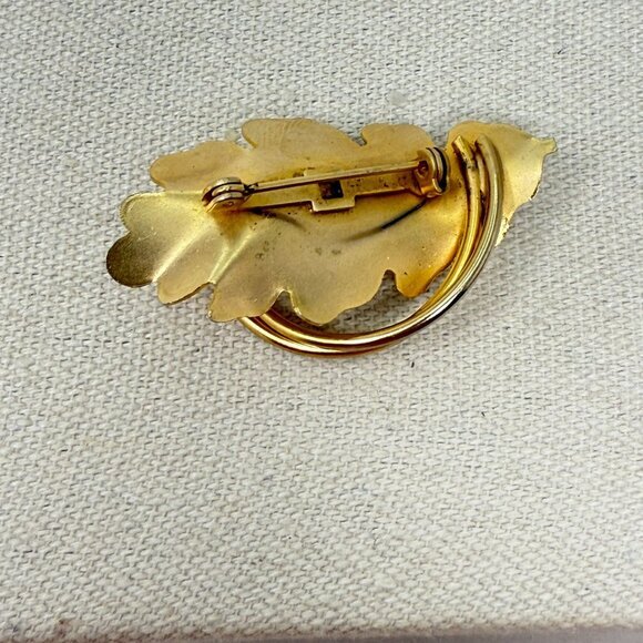 Vintage Leaf Brooch Gold-Tone Imitation Pearl MCM Mid-Century Nature Retro - Picture 9 of 11